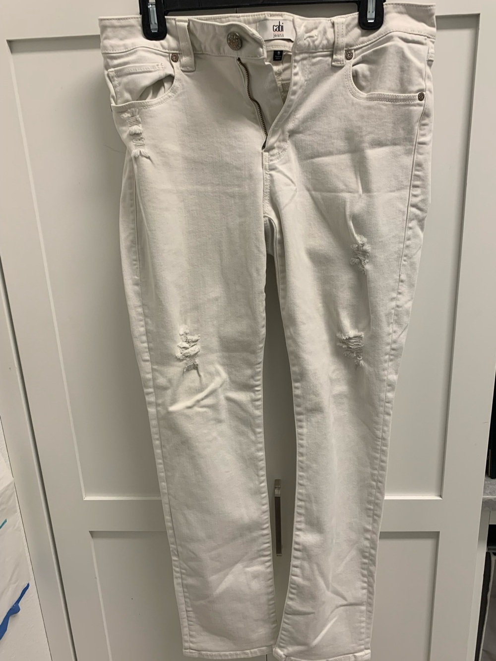 CAbi High Slim White Skinny Distressed Jeans Size 8 Style 5305
